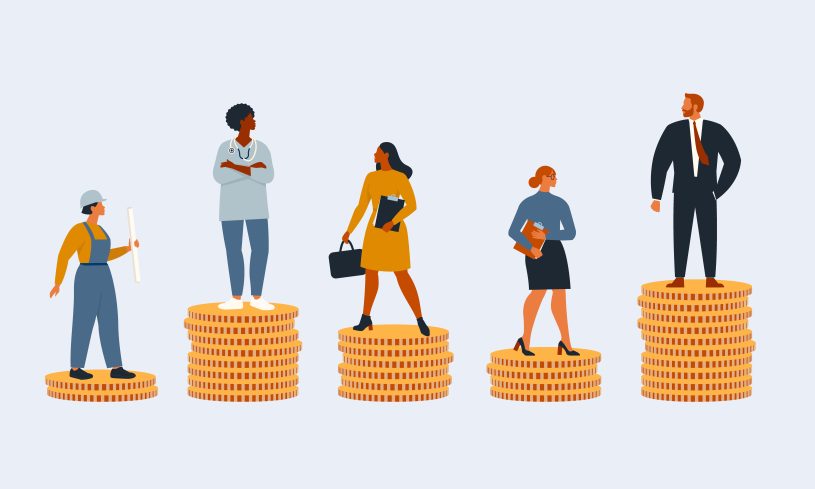 Bild på personer som står på pengarhögar.